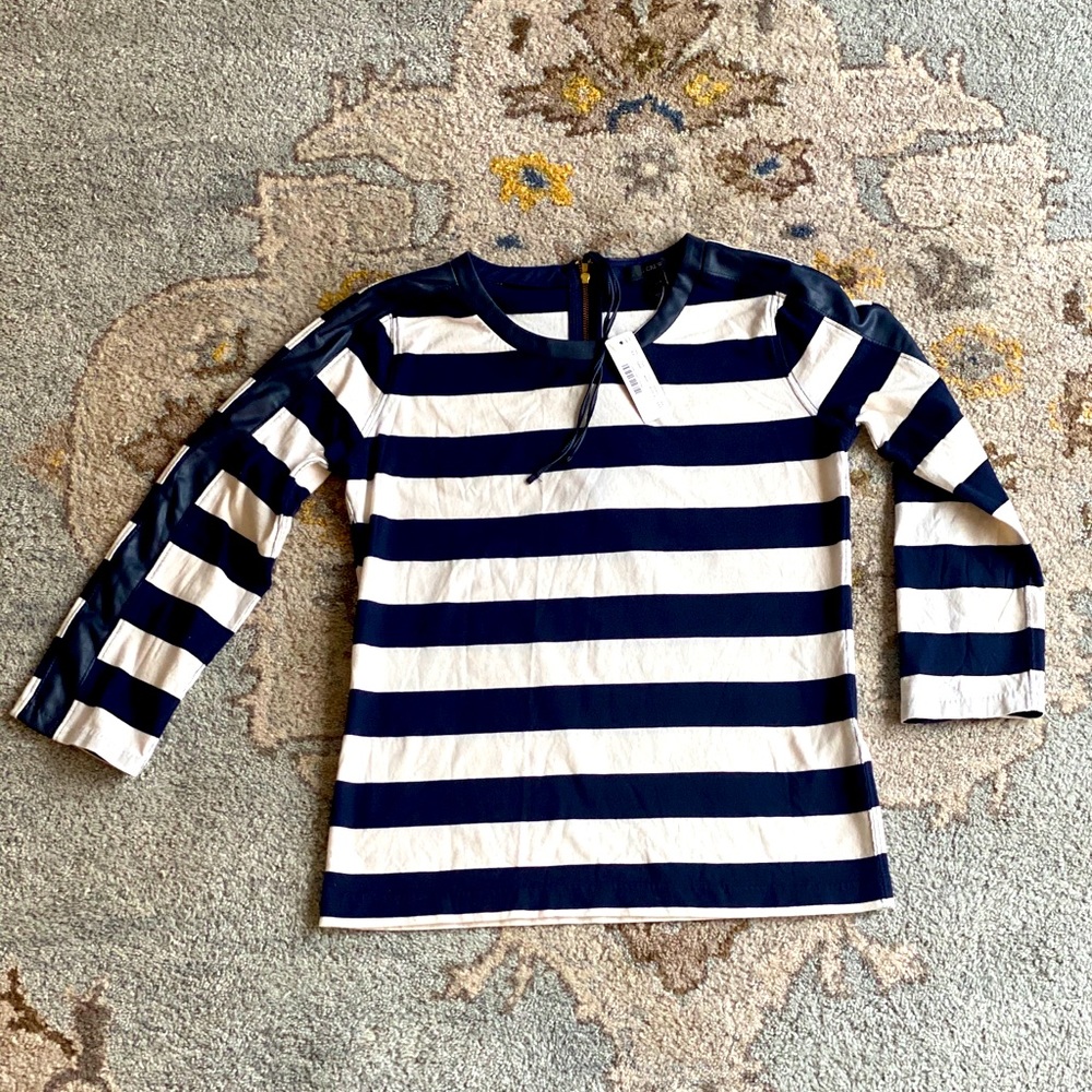 Stripes top with leather detail